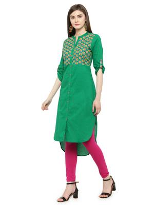   Green Hand Embroidered Straight Cotton Kurta 3