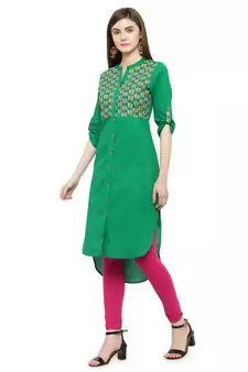   Green Hand Embroidered Straight Cotton Kurta