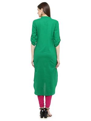   Green Hand Embroidered Straight Cotton Kurta 4