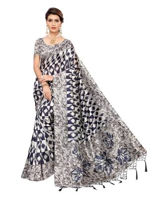 blue printed art silk saree with blouse 1
