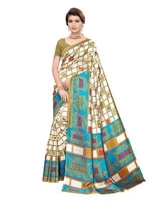 green printed art silk saree with blouse 1