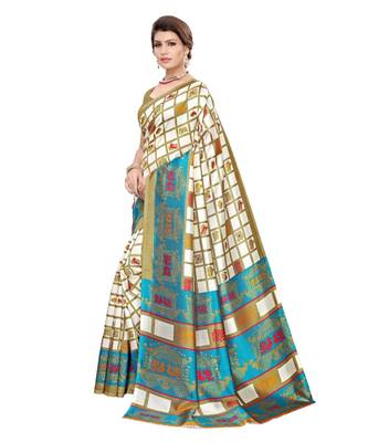 green printed art silk saree with blouse 2