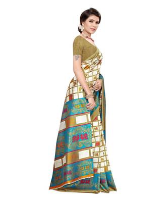green printed art silk saree with blouse 3