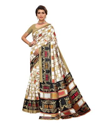 White printed art silk saree with blouse 1