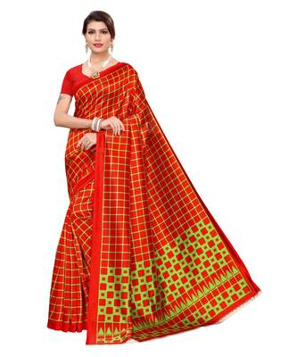 Red printed art silk saree with blouse 1