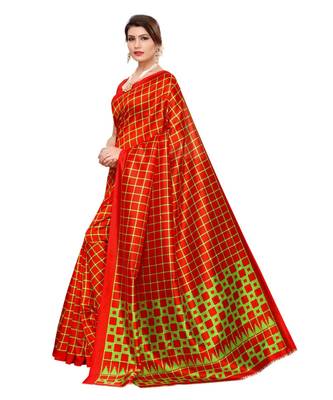 Red printed art silk saree with blouse 2