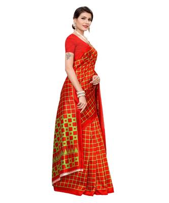 Red printed art silk saree with blouse 3