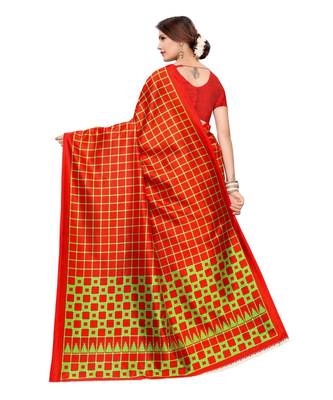 Red printed art silk saree with blouse 4