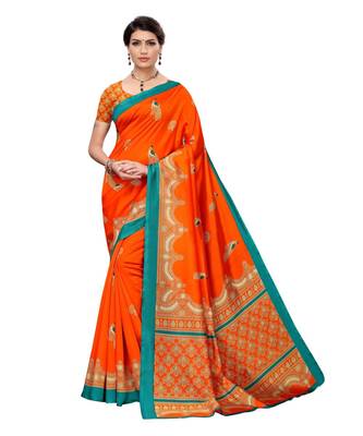 Orange printed art silk saree with blouse 1