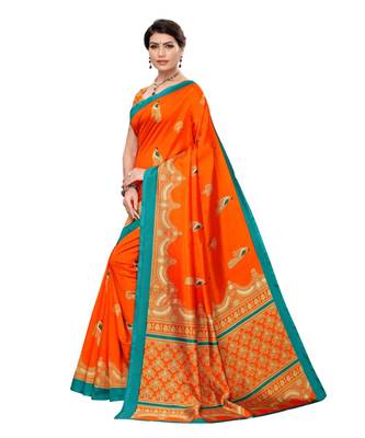 Orange printed art silk saree with blouse 2