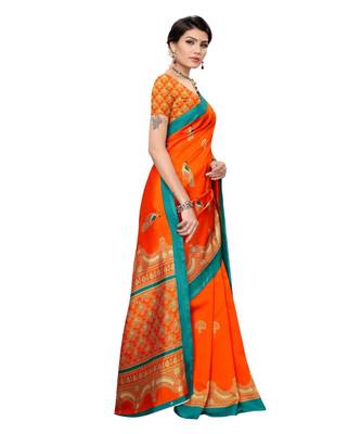 Orange printed art silk saree with blouse 3