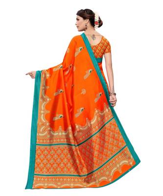 Orange printed art silk saree with blouse 4