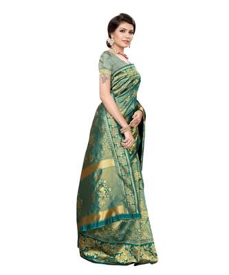 green woven banarasi saree with blouse 3