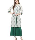 Geroo Jaipur White & Green Hand Block Printed Cotton Kurta Set