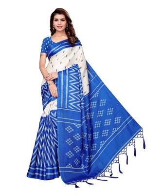 Blue printed khadi saree with blouse 1