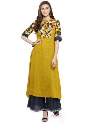Yellow & Blue Kalamkari Hand Block Printed Rayon Kurta 1