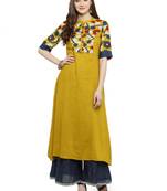 Yellow & Blue Kalamkari Hand Block Printed Rayon Kurta