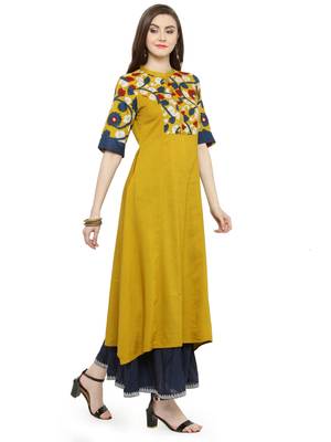 Yellow & Blue Kalamkari Hand Block Printed Rayon Kurta 2