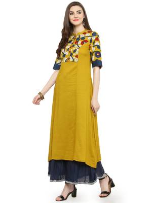 Yellow & Blue Kalamkari Hand Block Printed Rayon Kurta 3