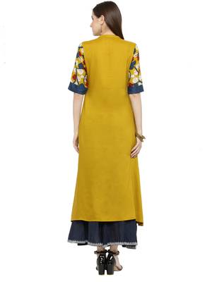 Yellow & Blue Kalamkari Hand Block Printed Rayon Kurta 4