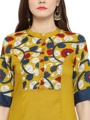 Yellow & Blue Kalamkari Hand Block Printed Rayon Kurta 5