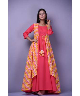 Peach Leheriya Dress with Cape 1