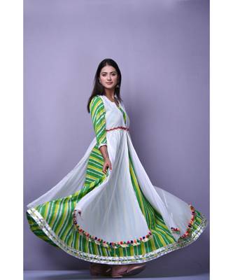Green Leheriya Dress with white cape 1