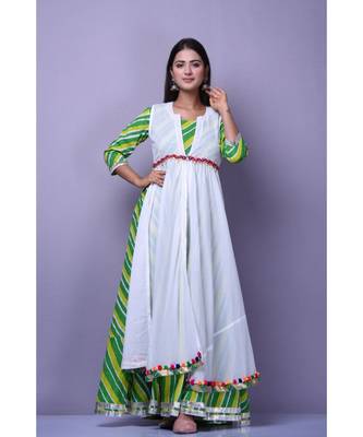 Green Leheriya Dress with white cape 2