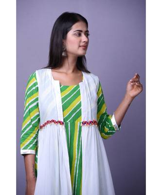 Green Leheriya Dress with white cape 3
