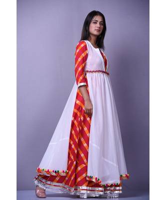 Red Leheriya Dress with white cape 1