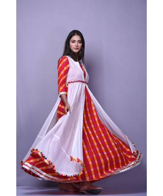 Red Leheriya Dress with white cape 2