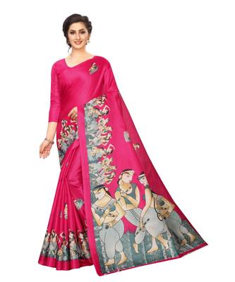 Pink printed khadi saree with blouse 1