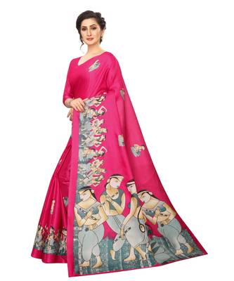 Pink printed khadi saree with blouse 3