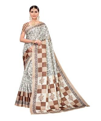 brown printed khadi saree with blouse 1