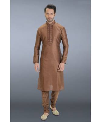 brown printed dupion silk kurta pajama 1