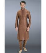 brown printed dupion silk kurta pajama