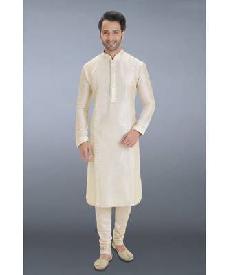 beige woven dupion silk kurta pajama 1