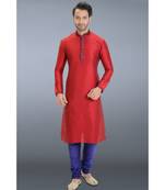 red printed dupion silk kurta pajama