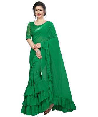 Green plain georgette saree with blouse 1