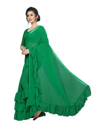 Green plain georgette saree with blouse 3