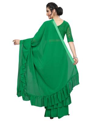 Green plain georgette saree with blouse 4