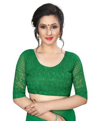 Green plain georgette saree with blouse 5