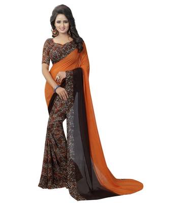 Orange printed georgette saree with blouse 3