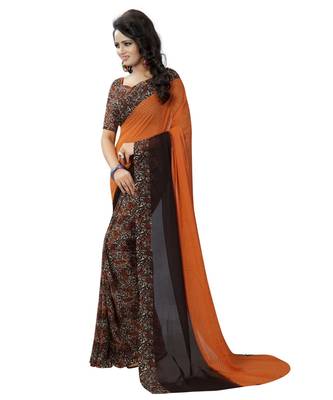 Orange printed georgette saree with blouse 4