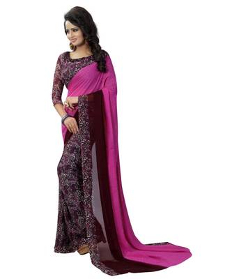 Purple printed georgette saree with blouse 4