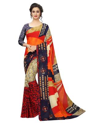 Orange printed georgette saree with blouse 2