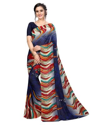 blue printed georgette saree with blouse 1