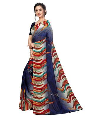 blue printed georgette saree with blouse 3