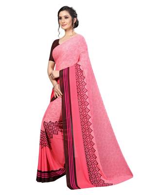 Peach printed georgette saree with blouse 3