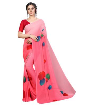 Pink printed georgette saree with blouse 1
